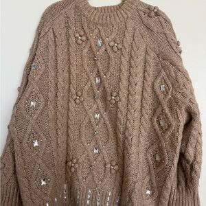 Zara Tan Embellished Cable Knit Sweater